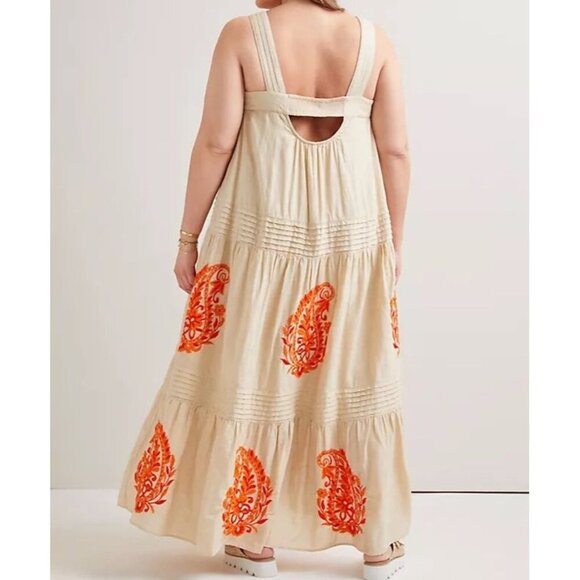 Anthropologie Felicity Light Tan Orange Embroidered Paisley Maxi Dress Size 2X - Picture 3 of 17
